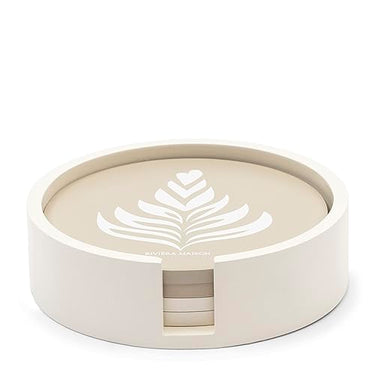 Riviera Maison beige coasters with holder, coffee and tea coasters, 4 pieces, table decoration - But First Coffee Coasters 4 PCS. - Wood - (ØxH) 13x3.5 on sale